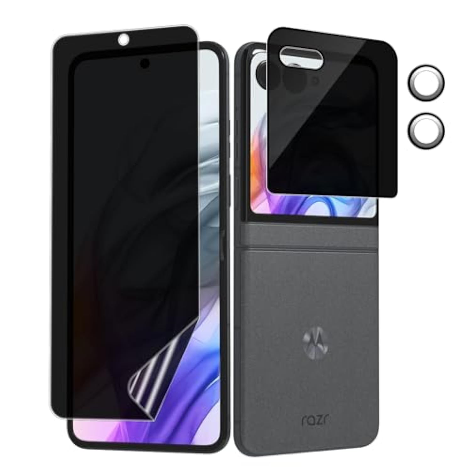 [1 Set] Compatible With Motorola Razr 2024/2025 Privacy Screen Protector, 1 Pack Internal Anti-Spy Film + 1 Pack Outer Privacy Glass Screen Protector + 2 Pcs Metal Camera Lens Protector, Case Friendly