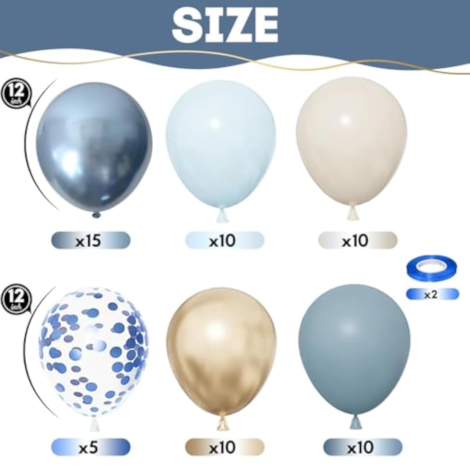Dusty Blue Gold Balloons, 60 Packs 12 Inch Dusty Baby Blue Chrome Gold Blue Confetti Balloon Sand White Balloon For Boy Baby Shower Decorations Bridal Shower Gender Reveal Birthday Party Supplies