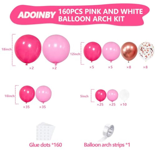 Pink Balloons Arch Kit, 160Pcs Hot Pink Balloon Garland Kit Metallic Rose Gold Confetti Balloons For Birthday, Wedding, Princess Theme, Engagements, Baby Shower, Anniversary Party Decoration