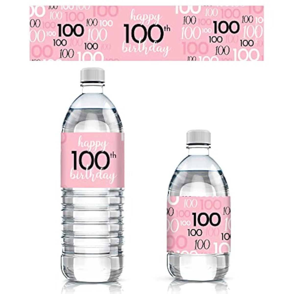 Pink, Black, And White 100Th Birthday Party Water Bottle Labels - 20 Waterproof Wrappers - Pink Birthday Decorations For Women