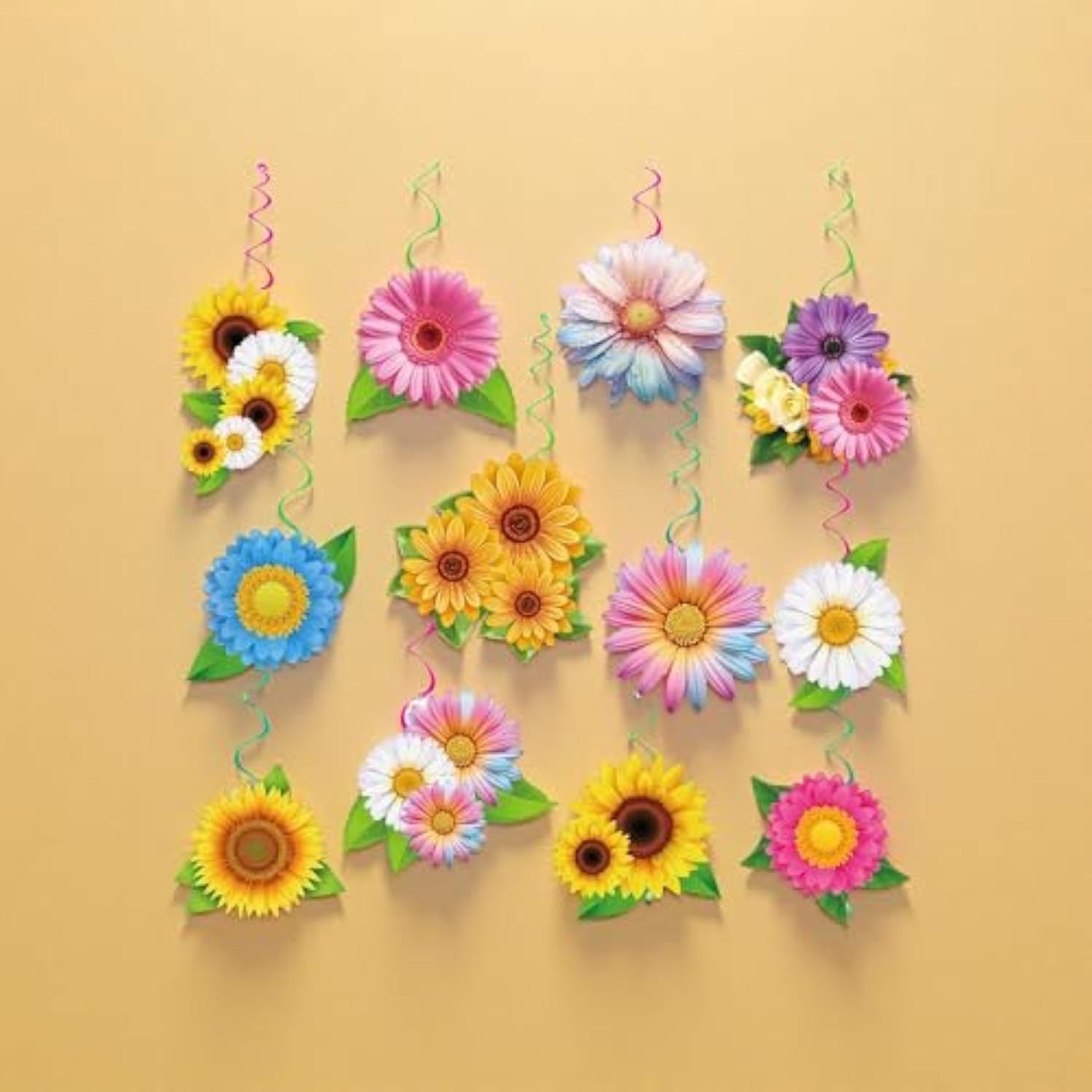 Sunflower Spiral Hanging Decor - 12 Pcs Floral Butterfly Swirls For Baby Shower, Mother'S Day, Wedding, Paper+Pvc Whirl Decorations (Cards+Spirals Set)