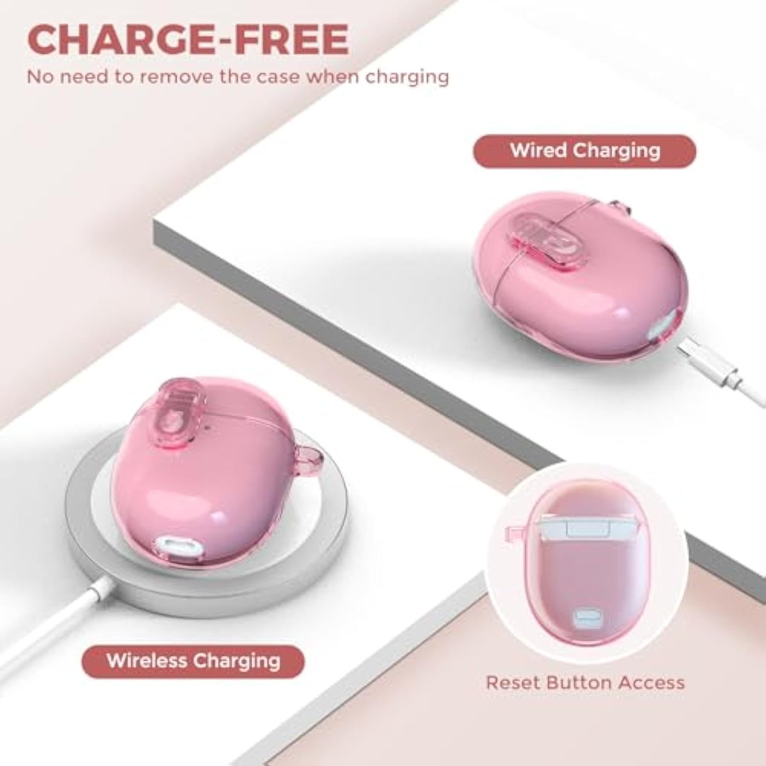 Lock Case For Google Pixel Buds A-Series (2021) / Pixel Buds 2 Clear Case (2020) With Cleaner Kit, Soft Tpu Transparent Protective Cover With Carabiner, Pink