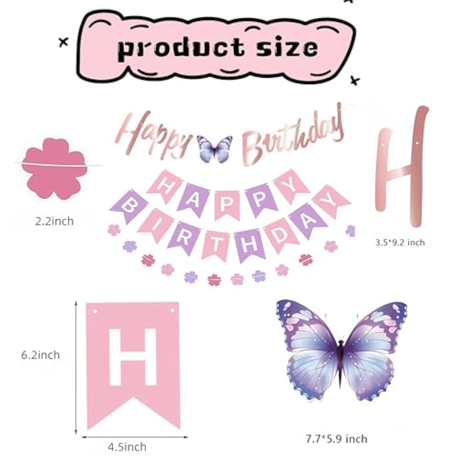 Pre-Strung Happy Birthday Banner Purple Pink Birthday Decoration For Women Girl Butterfly Birthday Party Decoration Banner Garland No Diy Happy Birthday Sign