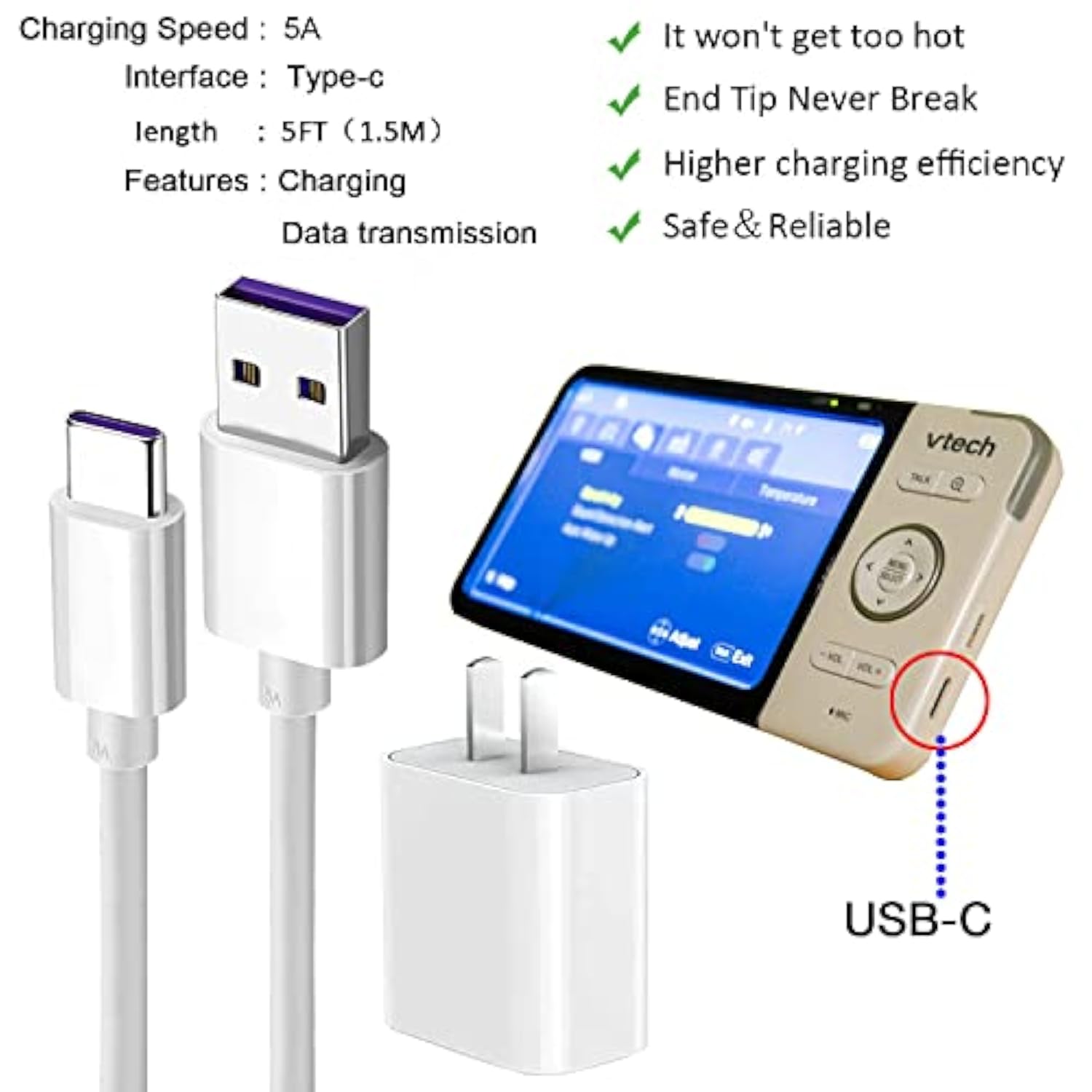 5V Ac Power Adapter Charger And 5Ft Usb Charging Cord Cable Compatible With Vtech Rm5754/Hd/2Hd, Vtech Rm5764/Hd/2Hd, Vtech Rm5864/Hd/2Hd, Vtech Rm7754/Hd/2Hd, Vtech Rm7764/Hd/2Hd Video Baby Monitor