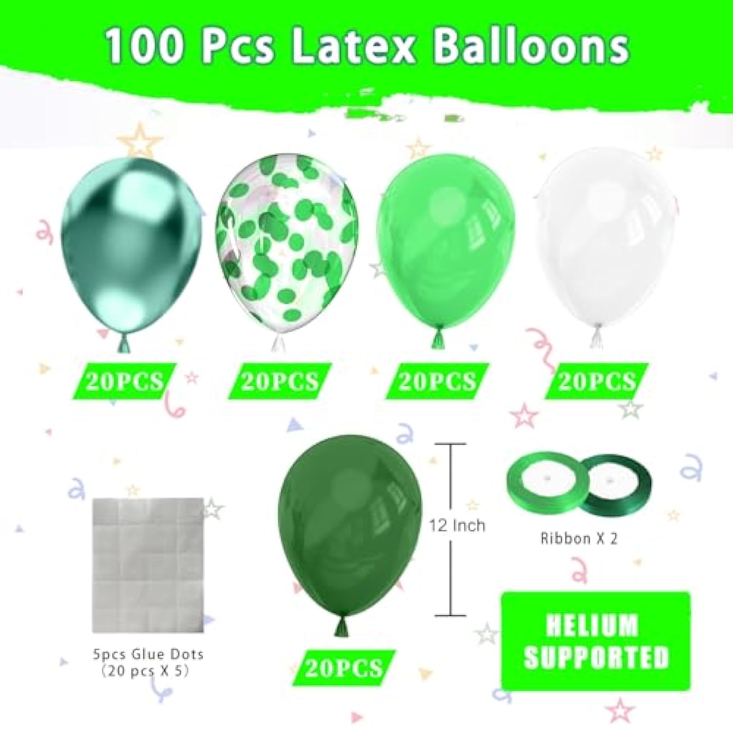 100 Pcs Green Metallic White Balloons Set 12" Confetti Latex for Party Decor