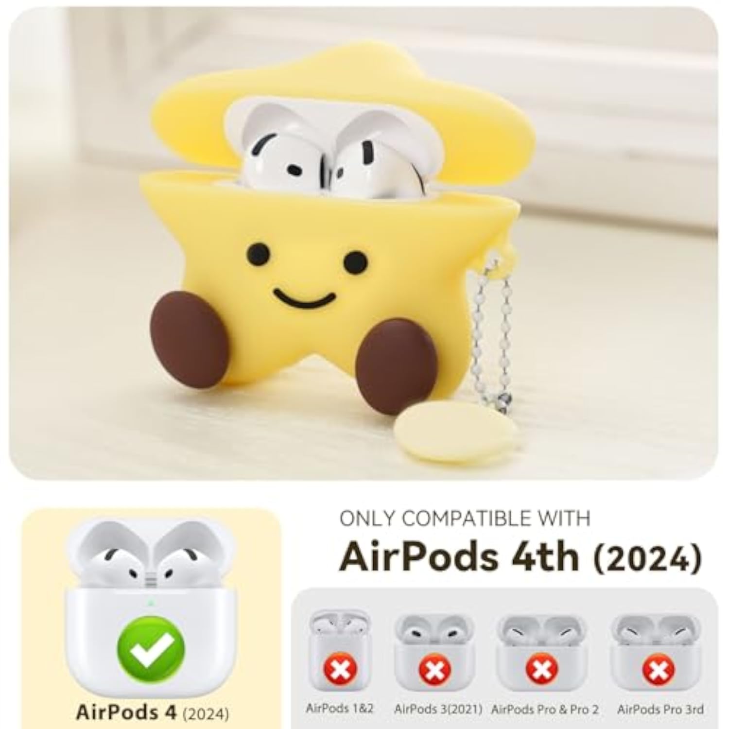 AirPods 4 Case 2024, Star Shape Silicone Case in Yellow