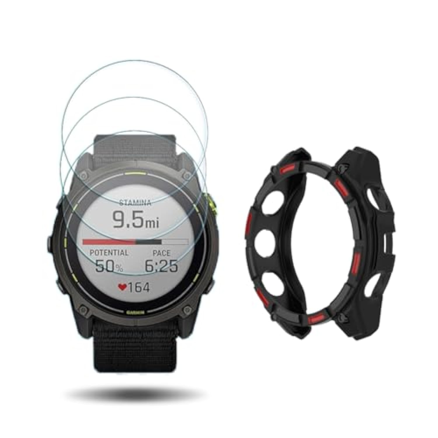 Watch Screen Protector +Watch Case Cover For Garmin Enduro 3, [3-Pcs] Tempered Glass Film & Soft Tpu Bumper, Anti-Scratch, Bubble-Free, Hd Clear, Shockproof Protection (Black Red)