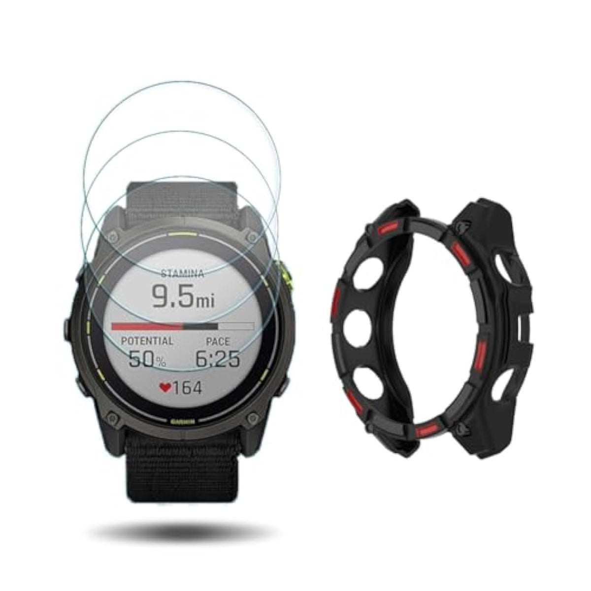 Watch Screen Protector +Watch Case Cover For Garmin Enduro 3, [3-Pcs] Tempered Glass Film & Soft Tpu Bumper, Anti-Scratch, Bubble-Free, Hd Clear, Shockproof Protection (Black Red)