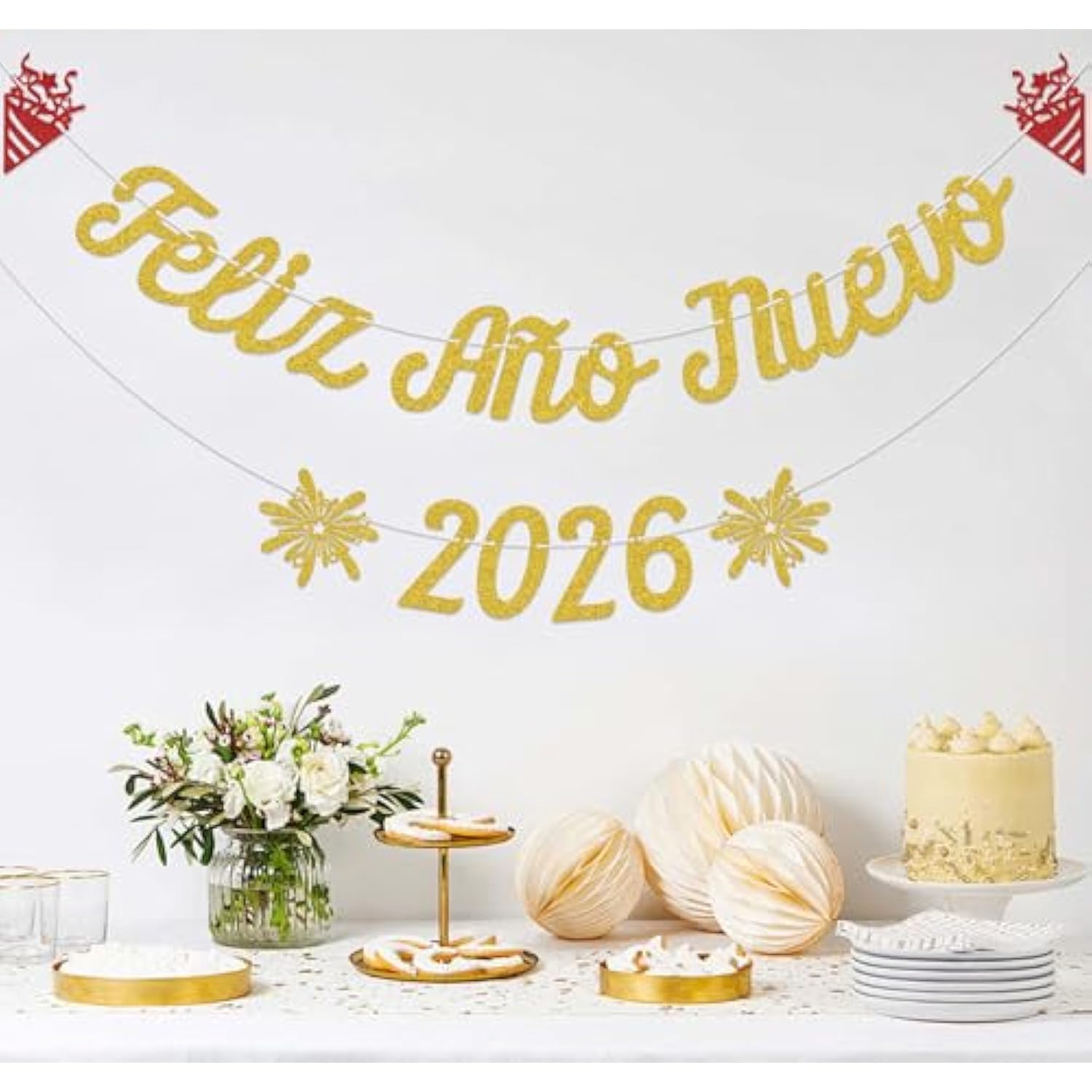 Feliz Año Nuevo 2026 Banner Gold Glitter New Year Party Decoration Supplies