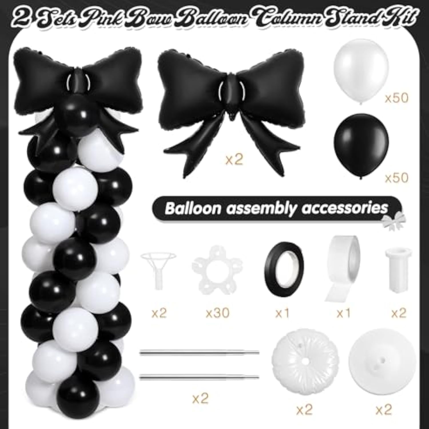 2 Sets Black White Bow Balloon Column Stand Kit Includes 2 Bows & 100 Latex Balloons Adjustable Stands For Princess Birthday Wedding Coquette Baby Shower Party Decoration