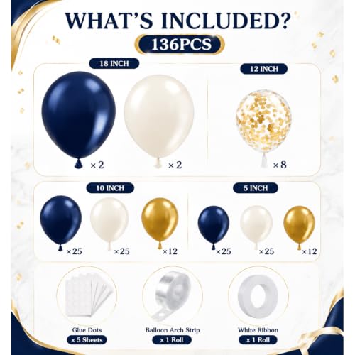 136PCS Navy Blue Ivory Gold Balloon Arch Kit with Confetti Latex Balloons for Birthday, Graduation, Wedding, Corporate Events, Cruise Ship Parties & Elegant Backdrops