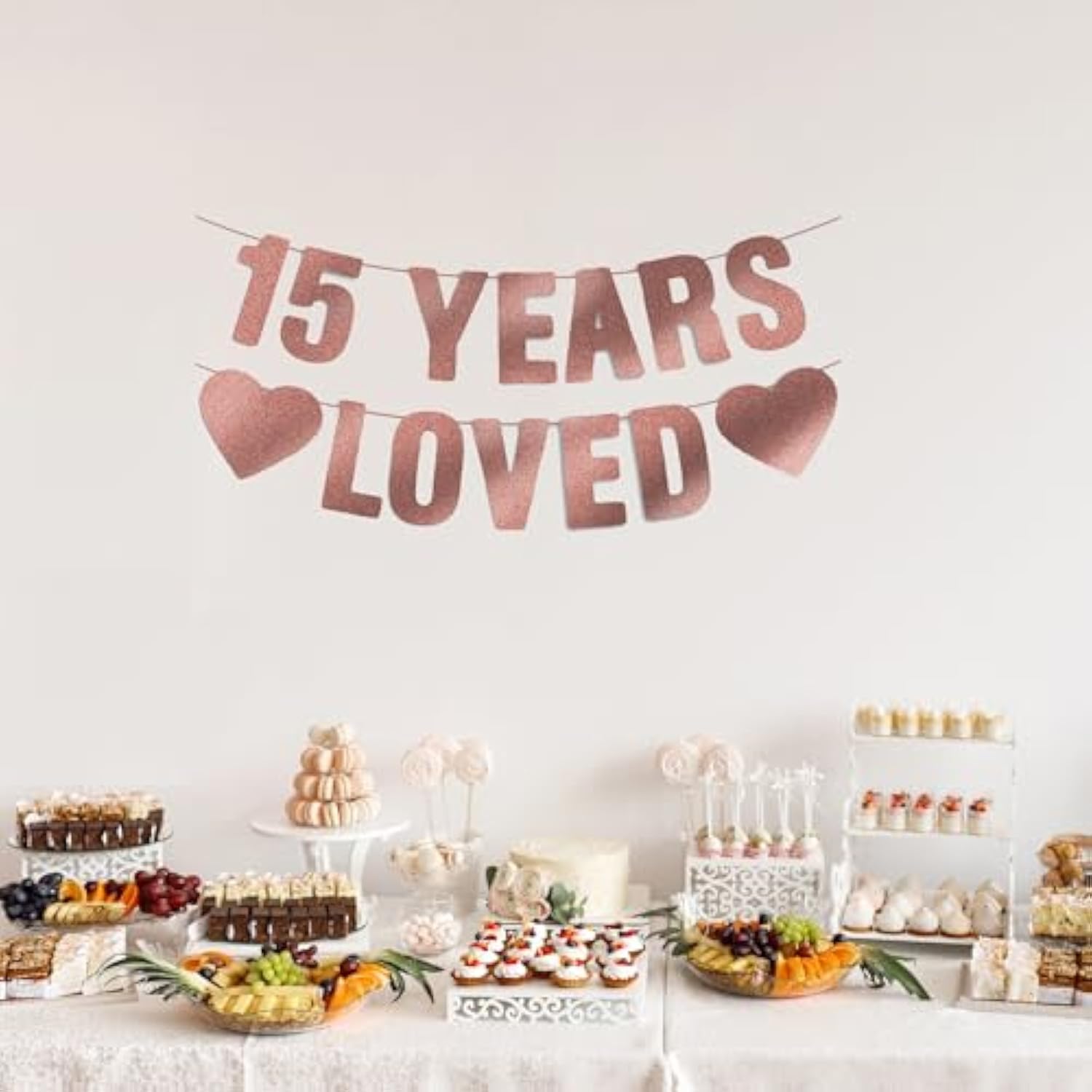 15Th Birthday Party Decorations For Girls, Pre-Strung 15 Years Loved Banner - Rose Gold Glitter, Quinceañera Decor, Happy 15 Year Old Birthday Sign Gifts For Her