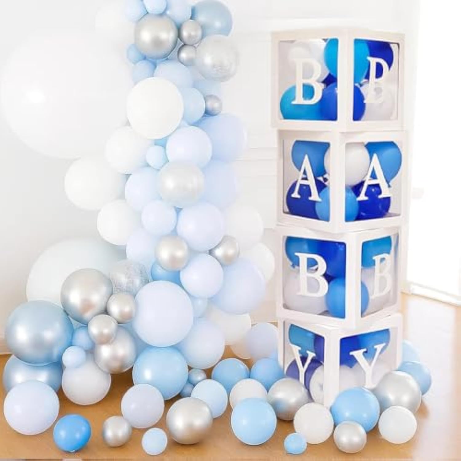 82Pcs Baby Shower Decorations For Boy – Blue White Gray Balloon Box Set With Alphabet Letters – Gender Reveal Party Decor – Transparent Display Cubes For Baby Shower