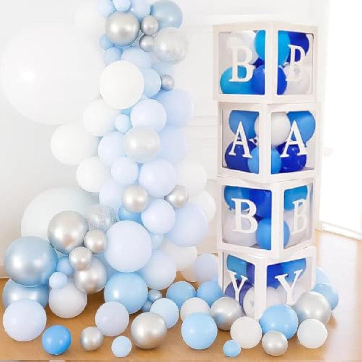 82Pcs Baby Shower Decorations For Boy – Blue White Gray Balloon Box Set With Alphabet Letters – Gender Reveal Party Decor – Transparent Display Cubes For Baby Shower