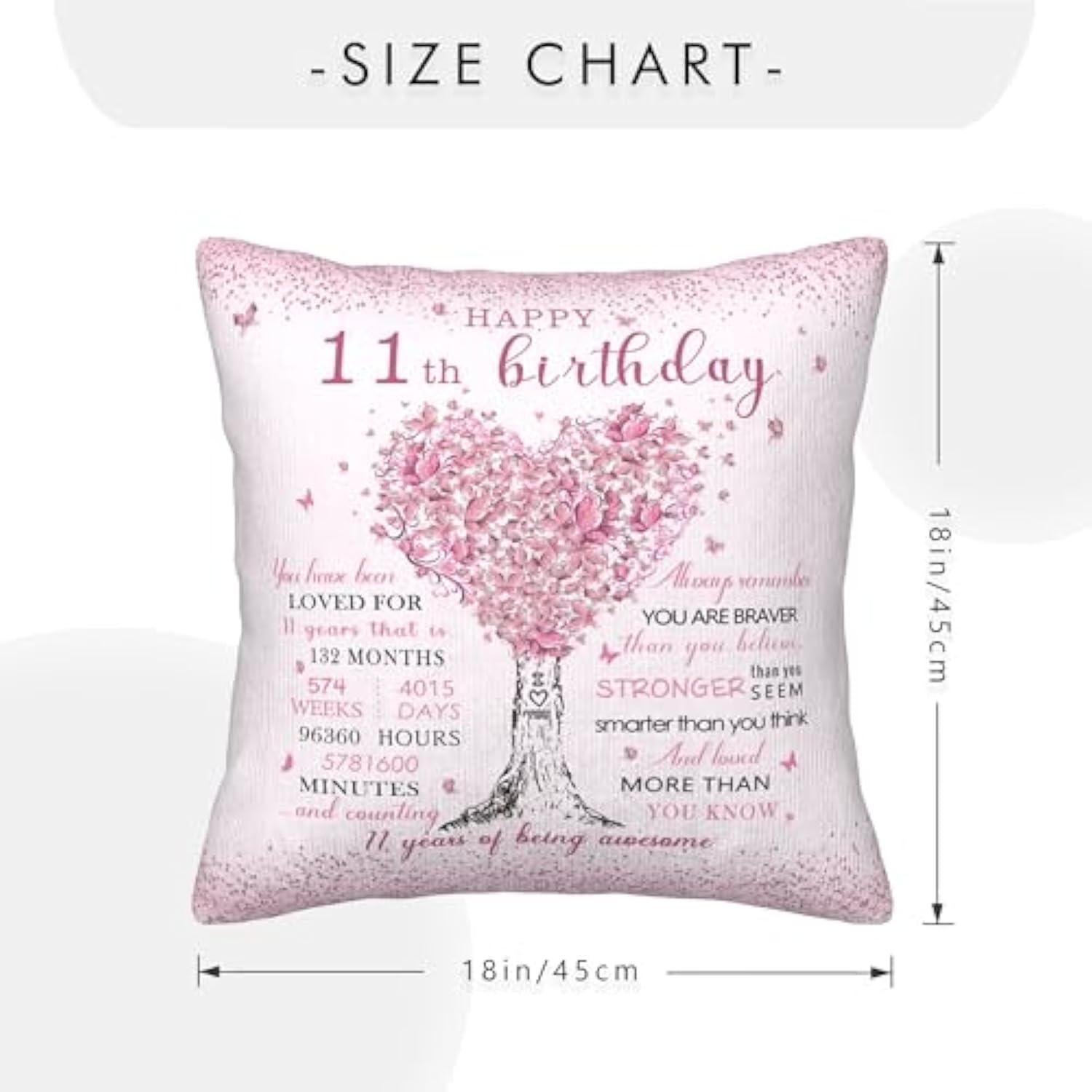 11 Year Old Girl Birthday Gifts Pillow Cover 18X18 Inch - Birthday Gifts For 11 Year Old Girl Pillowcase - 11Th Birthday Decorations For Girls Pillow Cover