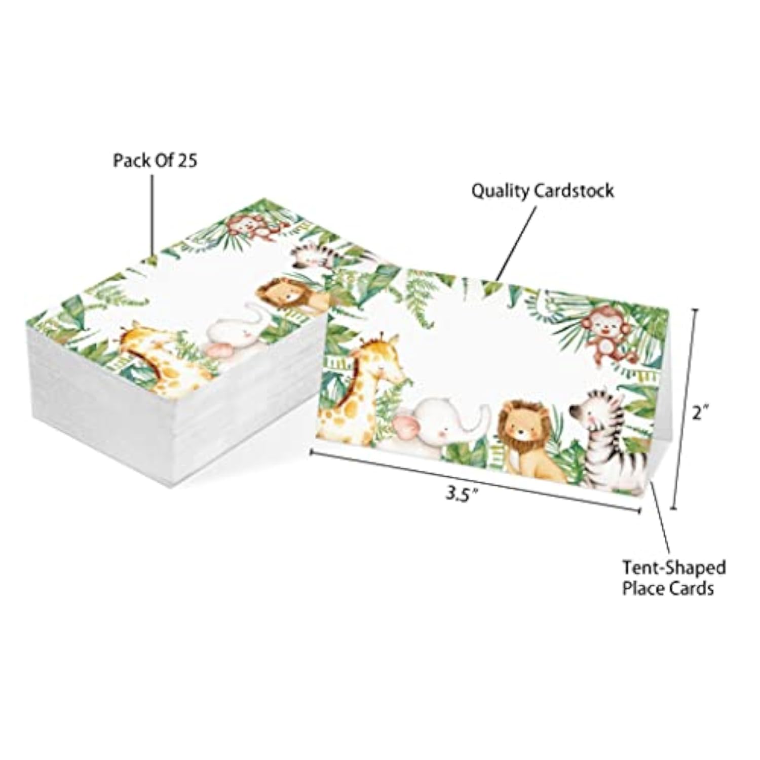 Table Place Card, Jungle Safari Animal Themed Tent Style Cards, Pack Of 25 Half-Fold Reception Place Cards, Perfect For Baby Showers, Jungle Safari Birthday Party, Special Events A28
