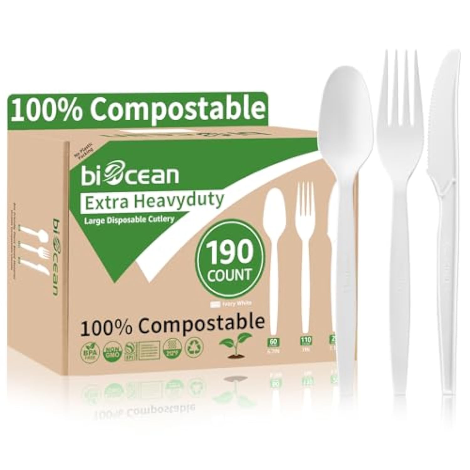 Extra Heavyduty Compostable Cutlery Set - 190 Count Large Disposable Utensils No Plastic Forks Spoons Knives Biodegradable Fork Eco Friendly Silverware For Party,Bbq,Daily Use,Events,Picnic