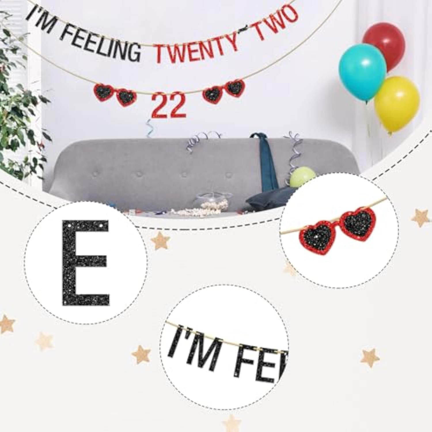 Black/Red Glitter "I'M Feeling Twenty-Two" Banner Funny 22nd Birthday/Taylor Theme