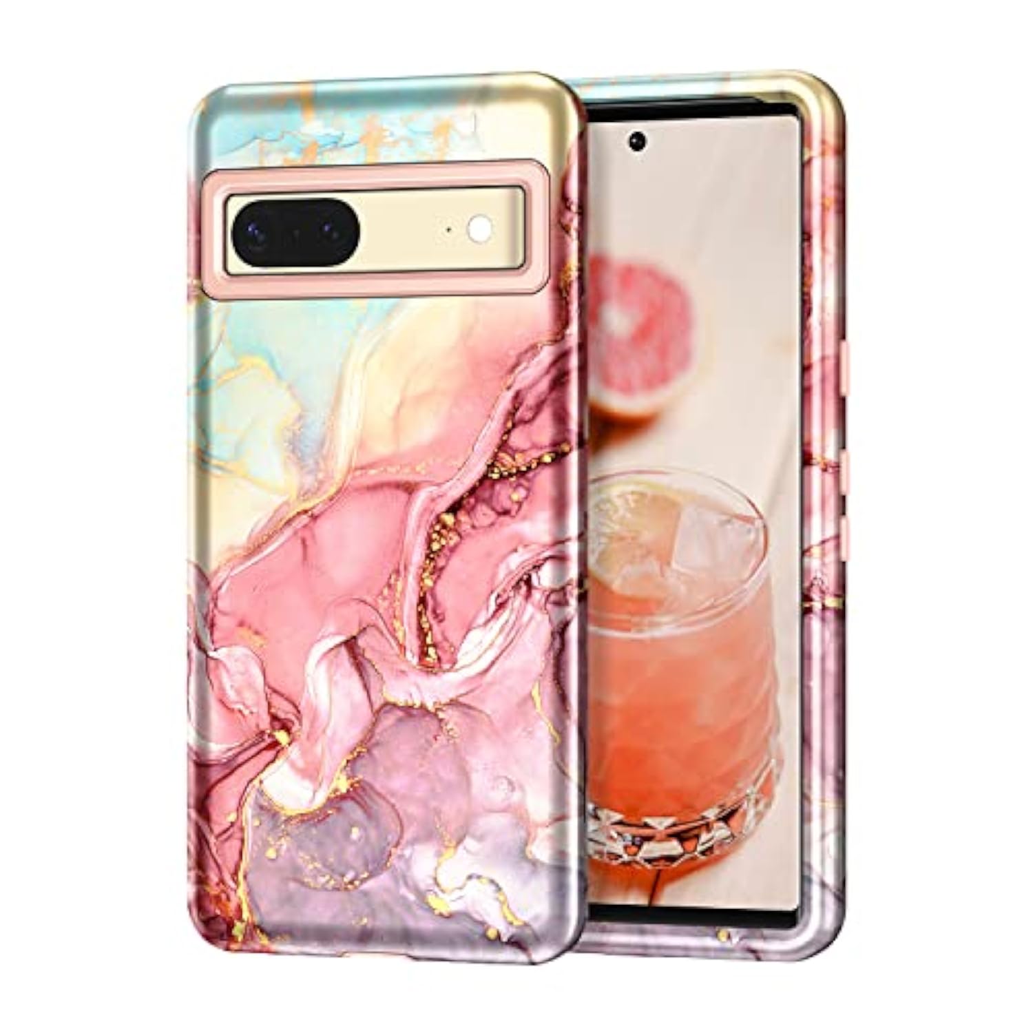 For Google Pixel 7 Case, Marble Pattern 3 In 1 Heavy Duty Shockproof Full Body Rugged Hard Pc+Soft Silicone Drop Protective Women Girl Phone Covers For Google Pixel 7 (2022), Rose Gold