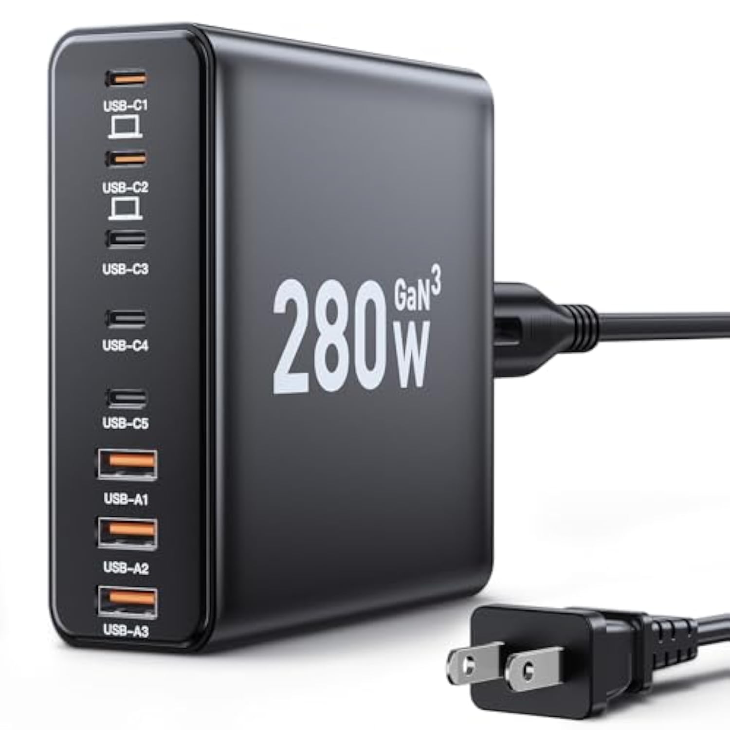 280W Usb C Charger Block, 8-Port Usb C Charging Station Gan Iii Pd 65W Laptop Charger Adapter Compatible With Macbookpro/Air,Dell,Ipad,Portable Charging Station For Iphone,Samsung Galaxy (Black)