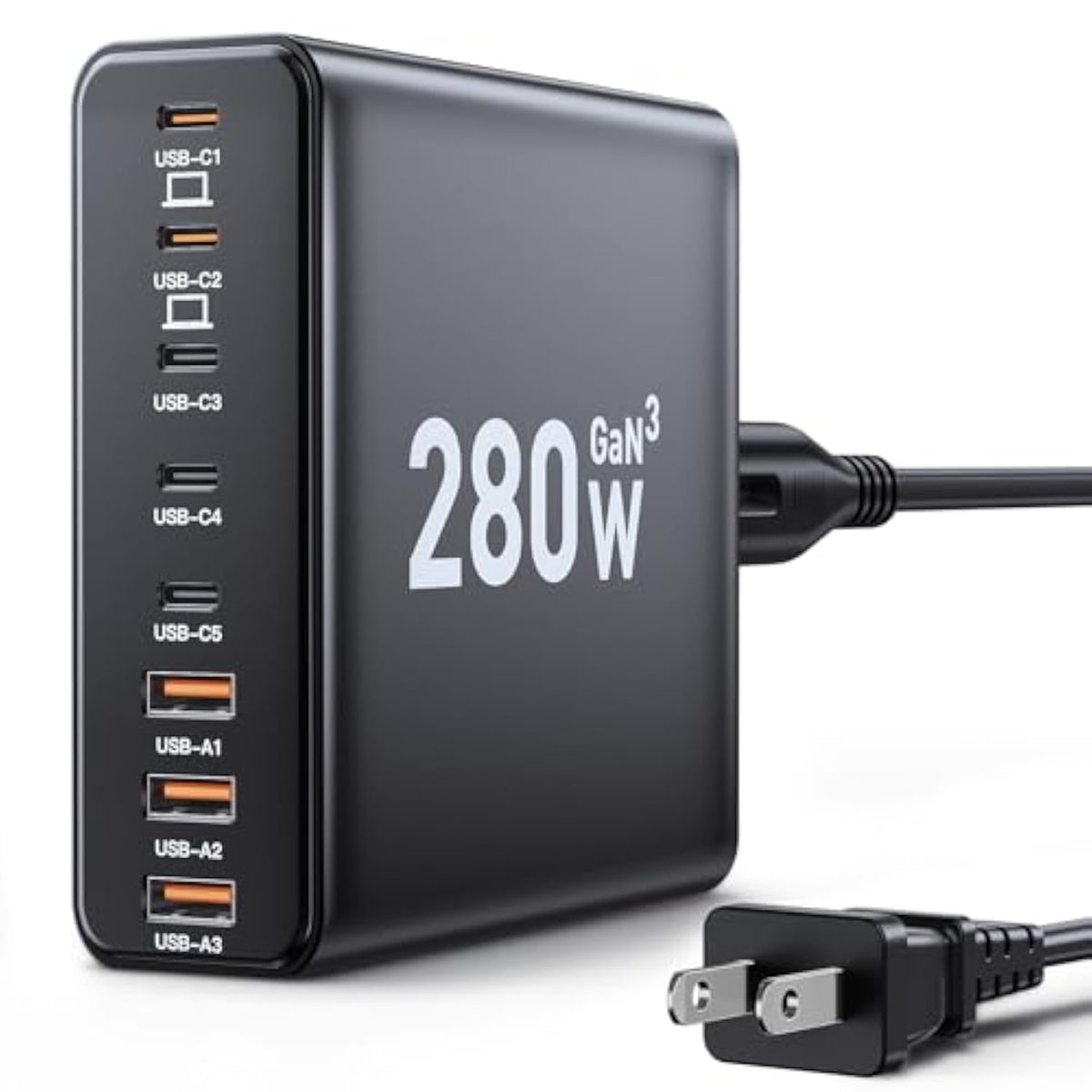 280W Usb C Charger Block, 8-Port Usb C Charging Station Gan Iii Pd 65W Laptop Charger Adapter Compatible With Macbookpro/Air,Dell,Ipad,Portable Charging Station For Iphone,Samsung Galaxy (Black)