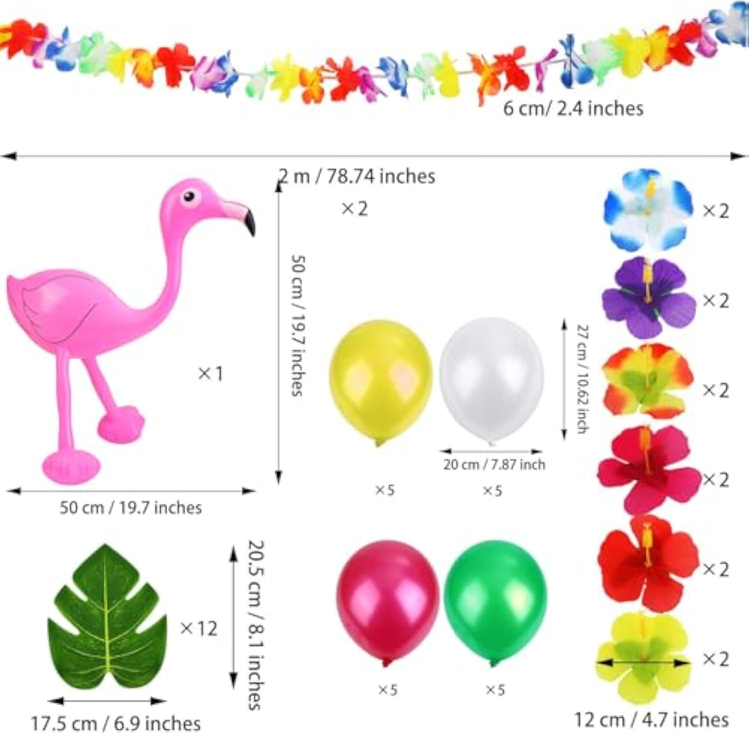 Inflatable Luau Party Set 2 Pack Palm Trees 4 Pack Inflatable Watermelon 12 Pack Hawaiian Flowers 12 Pack Monstera Leaves 20 Pack Balloons Wingless Parrot Flamingo Banana For Party Supply