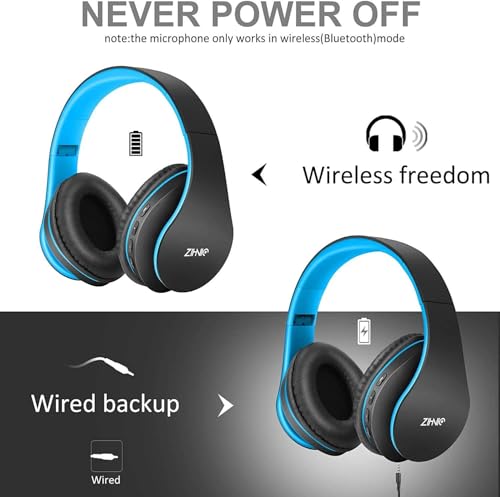 Bluetooth Headphones Over-Ear, Foldable Wireless And Wired Stereo Headset Micro Sd/Tf, Fm For Cell Phone,Pc,Soft Earmuffs &Light Weight For Prolonged Wearing (Black/Blue)