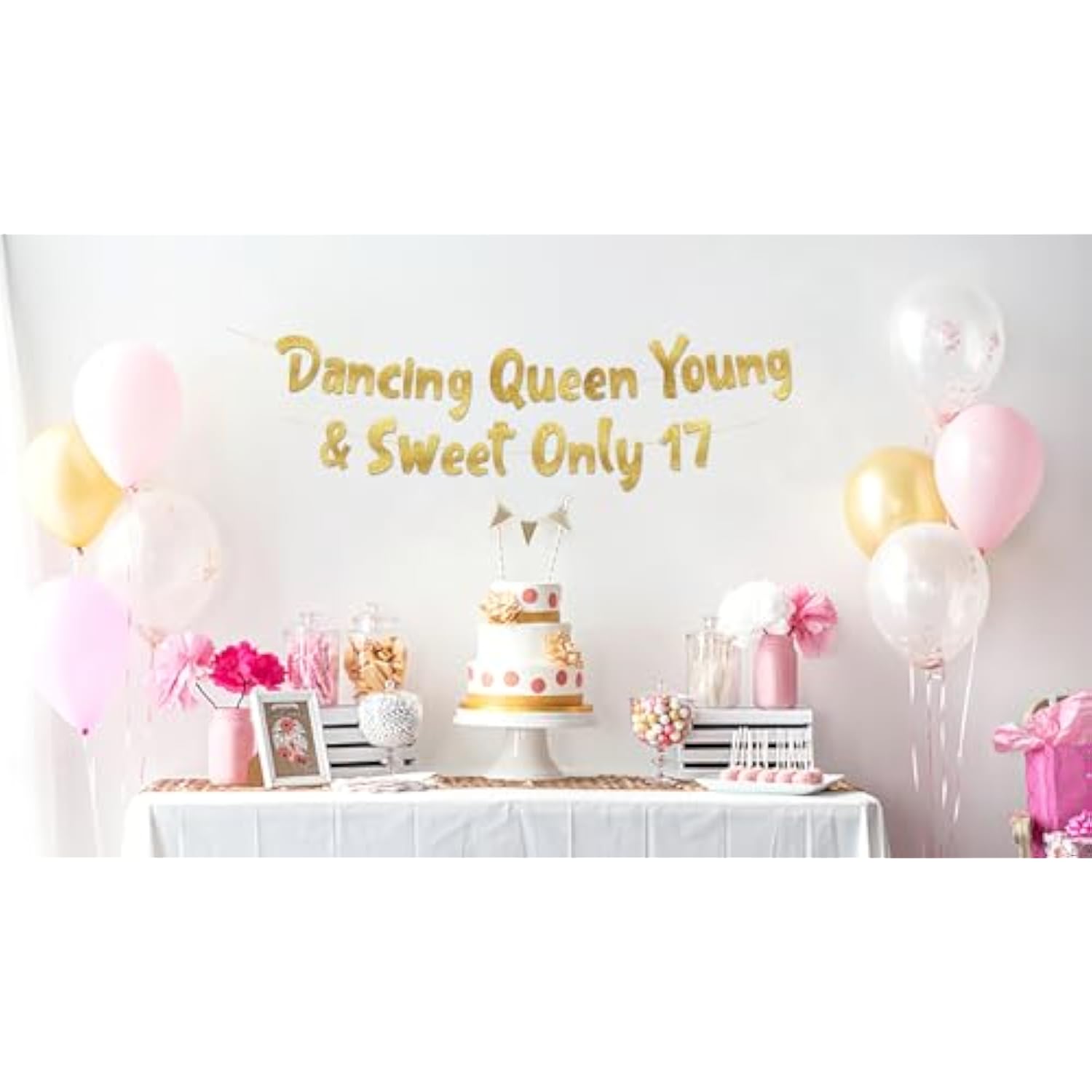 Dancing Queen Young & Sweet Only 17 Gold Glitter Banner - 17Th Birthday Party Decorations