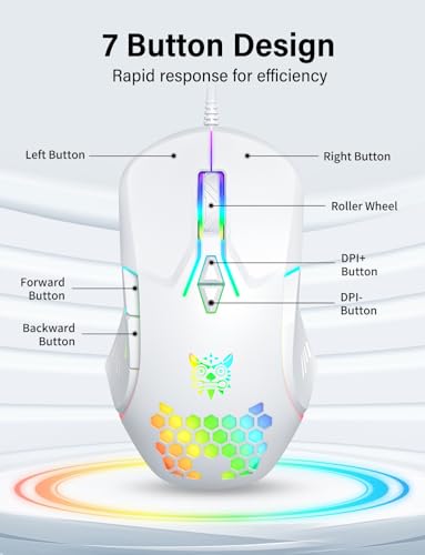 Wired Usb Mouse, Computer Mouse With Rgb Lighting, 4 Adjustable Dpi, Ergonomic Optical Office Mouse, 7 Buttons Corded Mice For Window/Pc/Laptop/Desktop/Mac/Chromebook, White