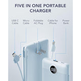 Portable Charger Built-In Cables And Ac Wall Plug, Usb C Power Bank 10000Mah, Travel Essentials Phone Charger Compact Lightweight External Battery Pack For Smart Phones, Tablets Etc-Blue