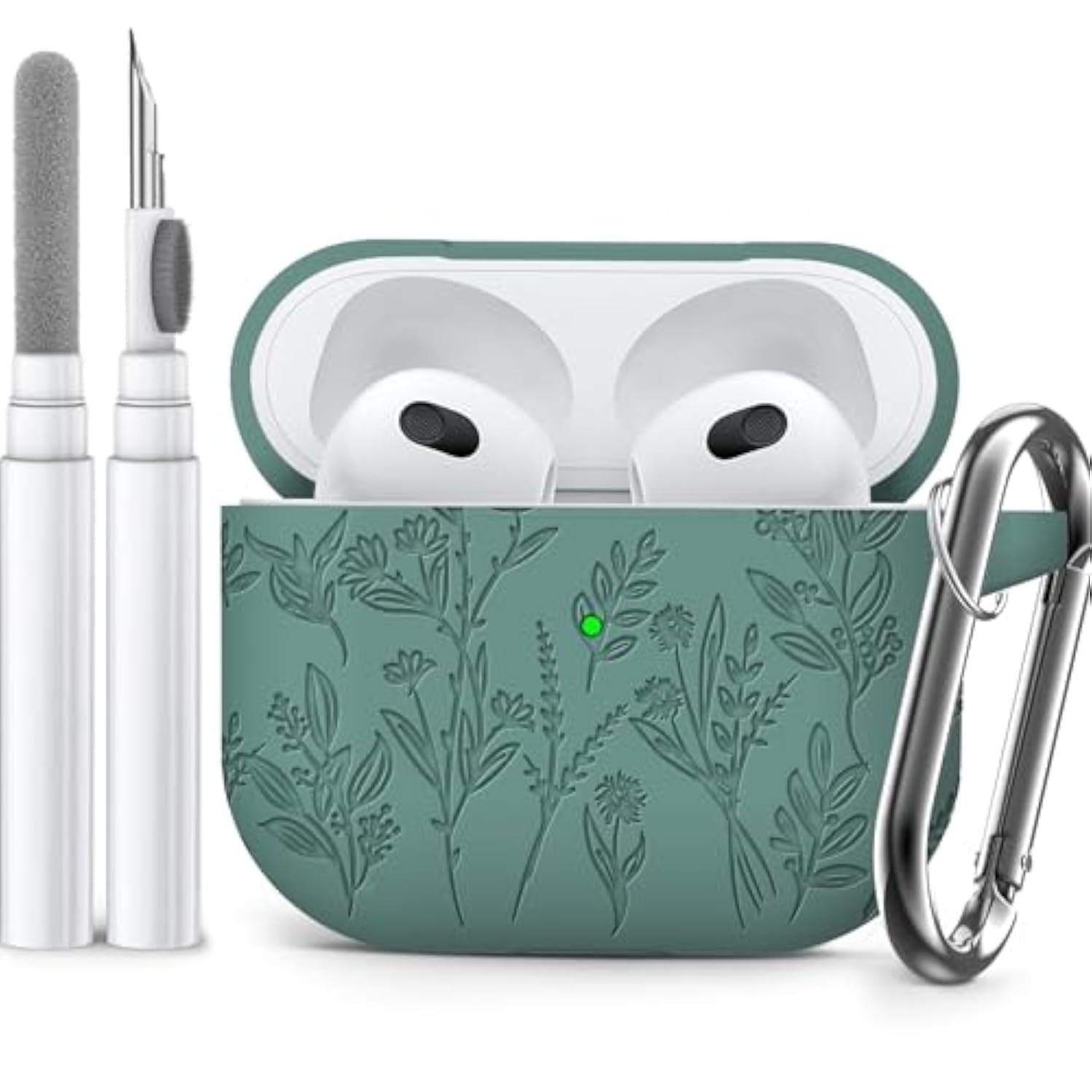 For Airpods 3Rd Generation Case With Cleaning Kit, Flower Engraved Cases Compatible With Airpod Case 3Rd Generation, Soft Silicone Case Cover With Keychain For Women, Front Led Visible