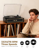 Retro Bluetooth Record Player with Built-in Speakers, 3-Speed Belt-Drive Turntable, Bass & Treble Control, Compact Vinyl Player with Transparent Dust