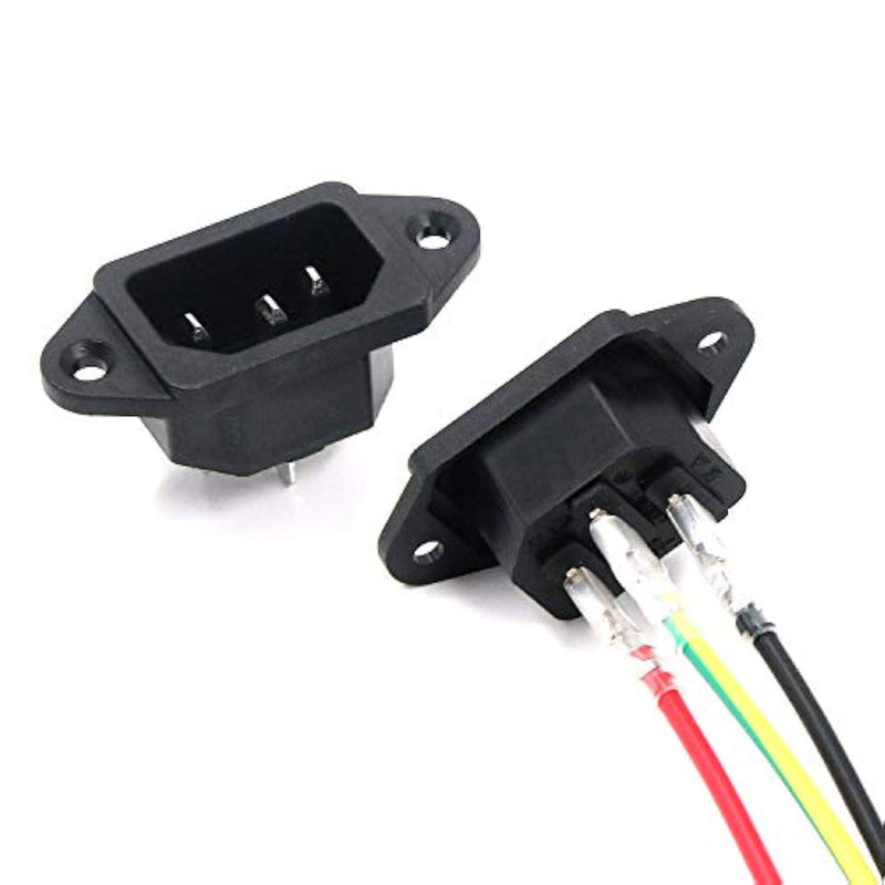 2Pcs Iec 320 C14 Male 3 Pins Screw Mount Inlet Ac Power Plug Adapter Connector Socket Ac 250V 10A Black With Wires