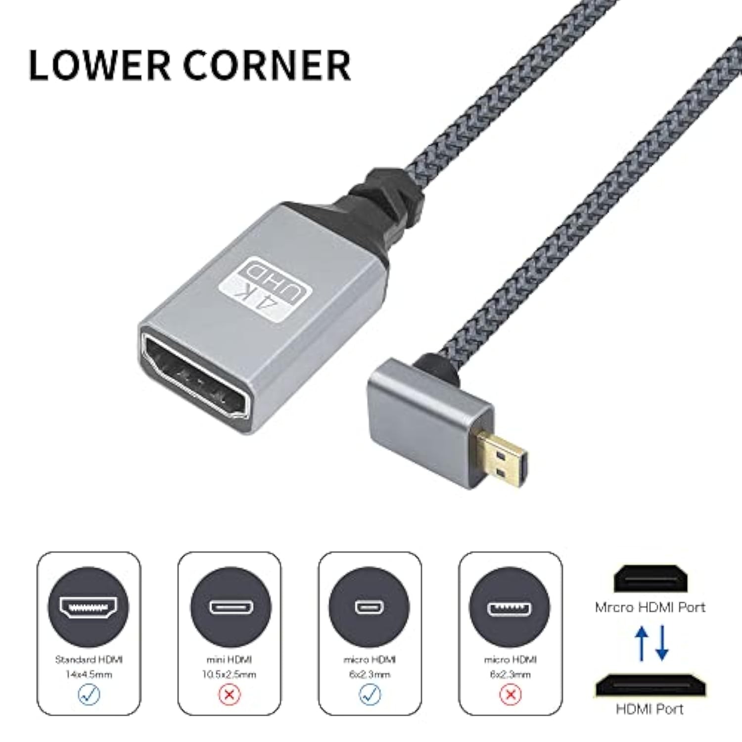4K Micro Hdmi To Hdmi Adapter Cable,90 Degree Down Angle Micro Hdmi Male To Hd