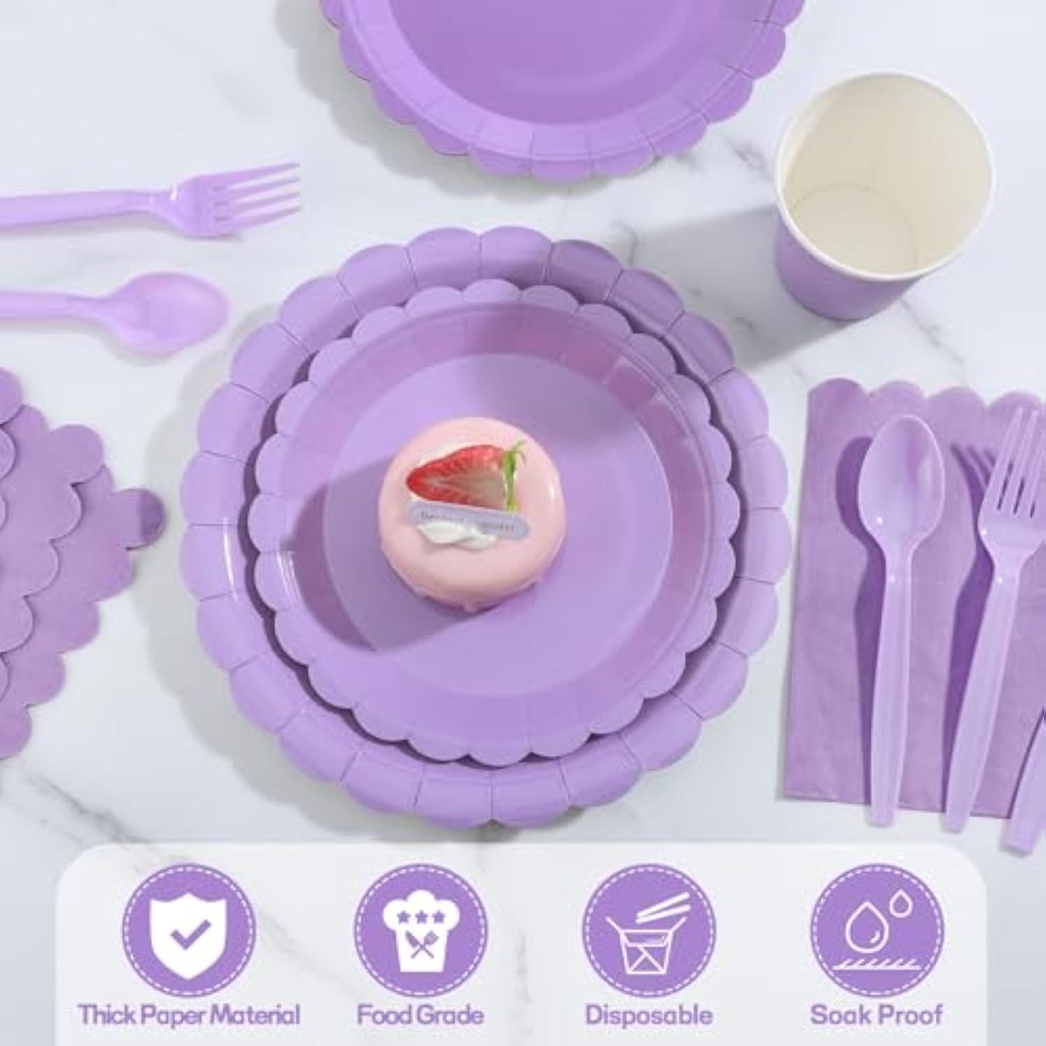 175 Pcs Lavender Paper Plates And Napkins, Light Purple Party Supplies Include Scalloped Lavender Plates Napkin Cup Plastic Cutlery For Garden Party, Baby Shower, Wedding, Birthday