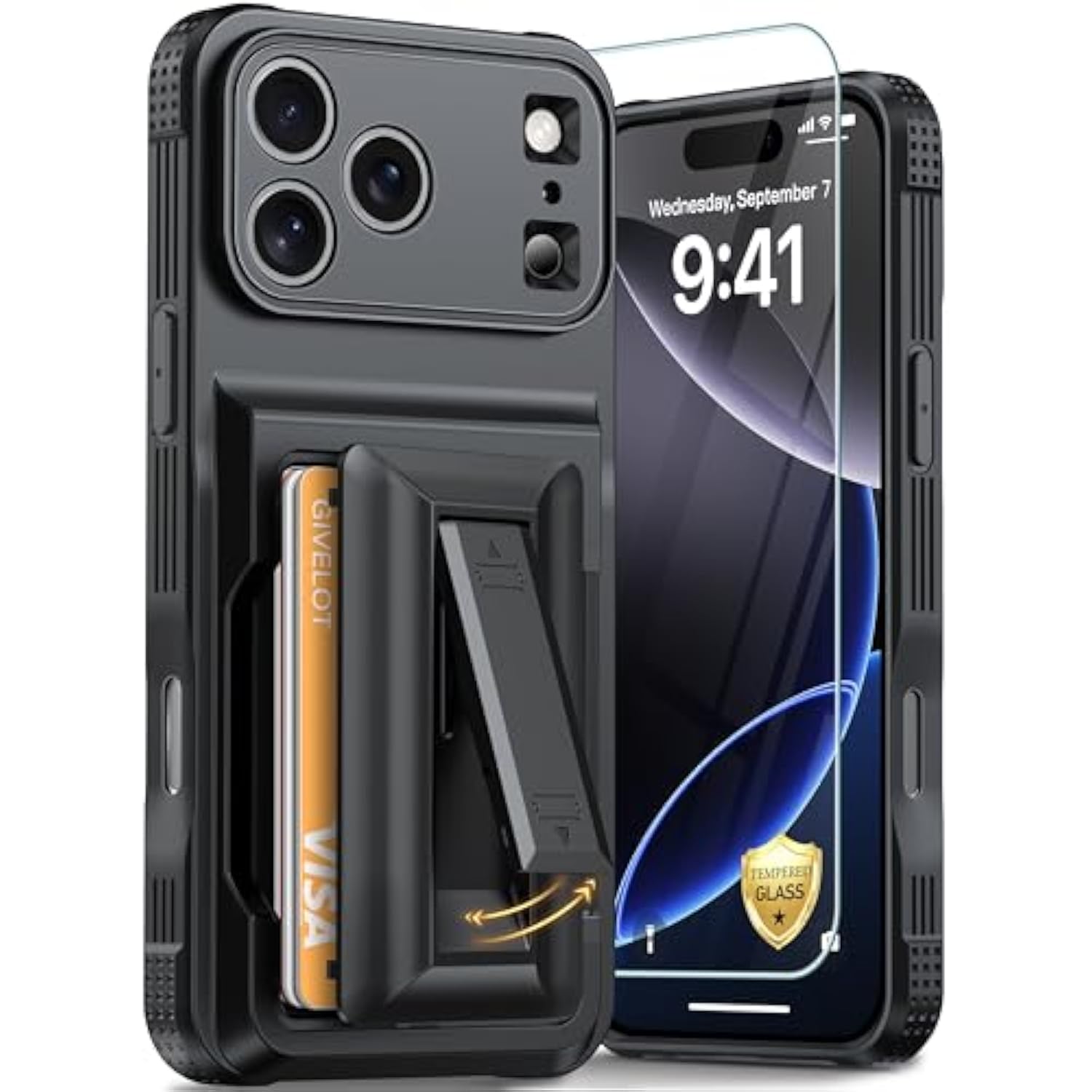 For Iphone 17 Pro Max Case With Card Holder?4-5 Cards?[Rfid Blocking][9H Screen Protector ][Full Camera Protection][Hidden Kickstand]Rugged Heavy Duty Wallet Case For Iphone 17 Pro Max (Black)