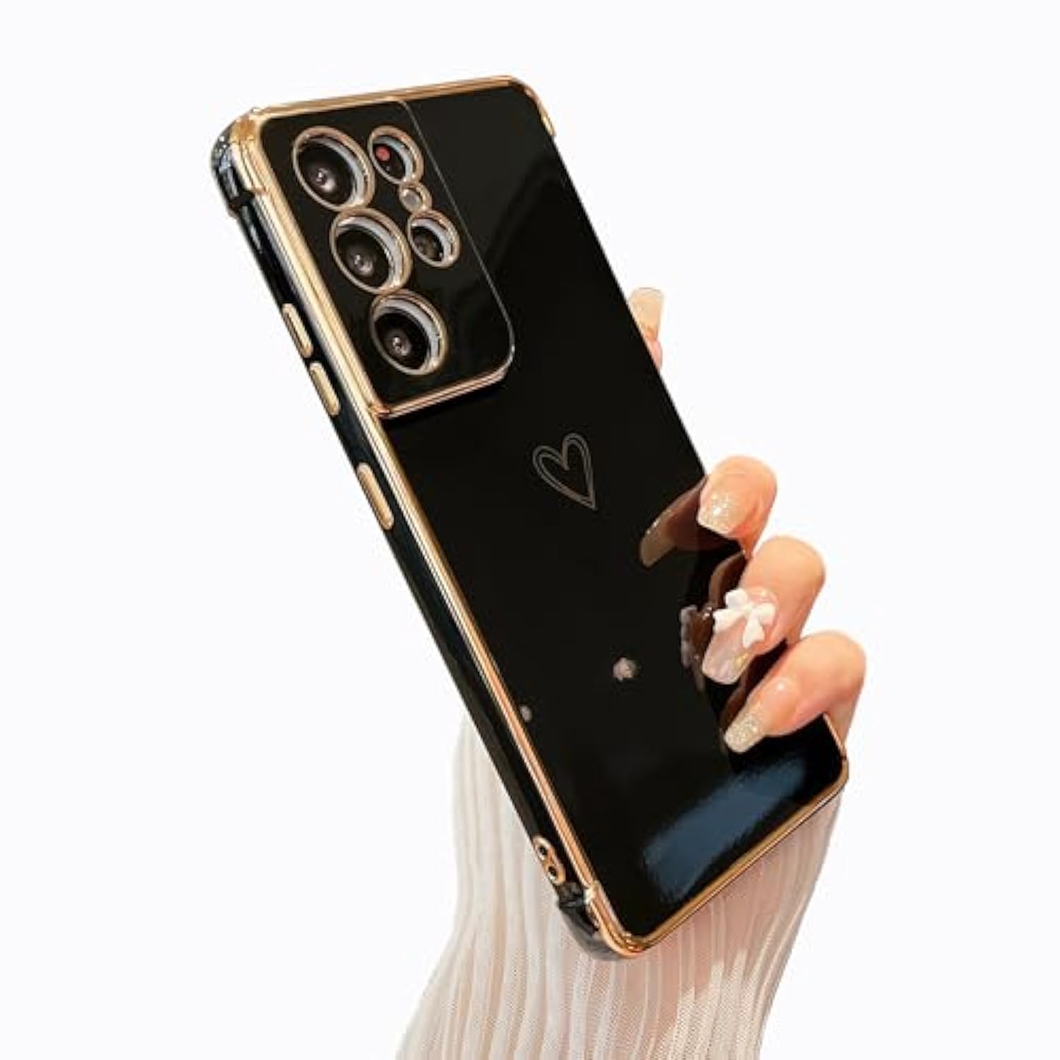 Designed For Samsung Galaxy S21 Ultra 5G Case,Cute Plating Edge Love Hearts Pattern With Camera Lens Protection Phone Cover For Girls Women,Black