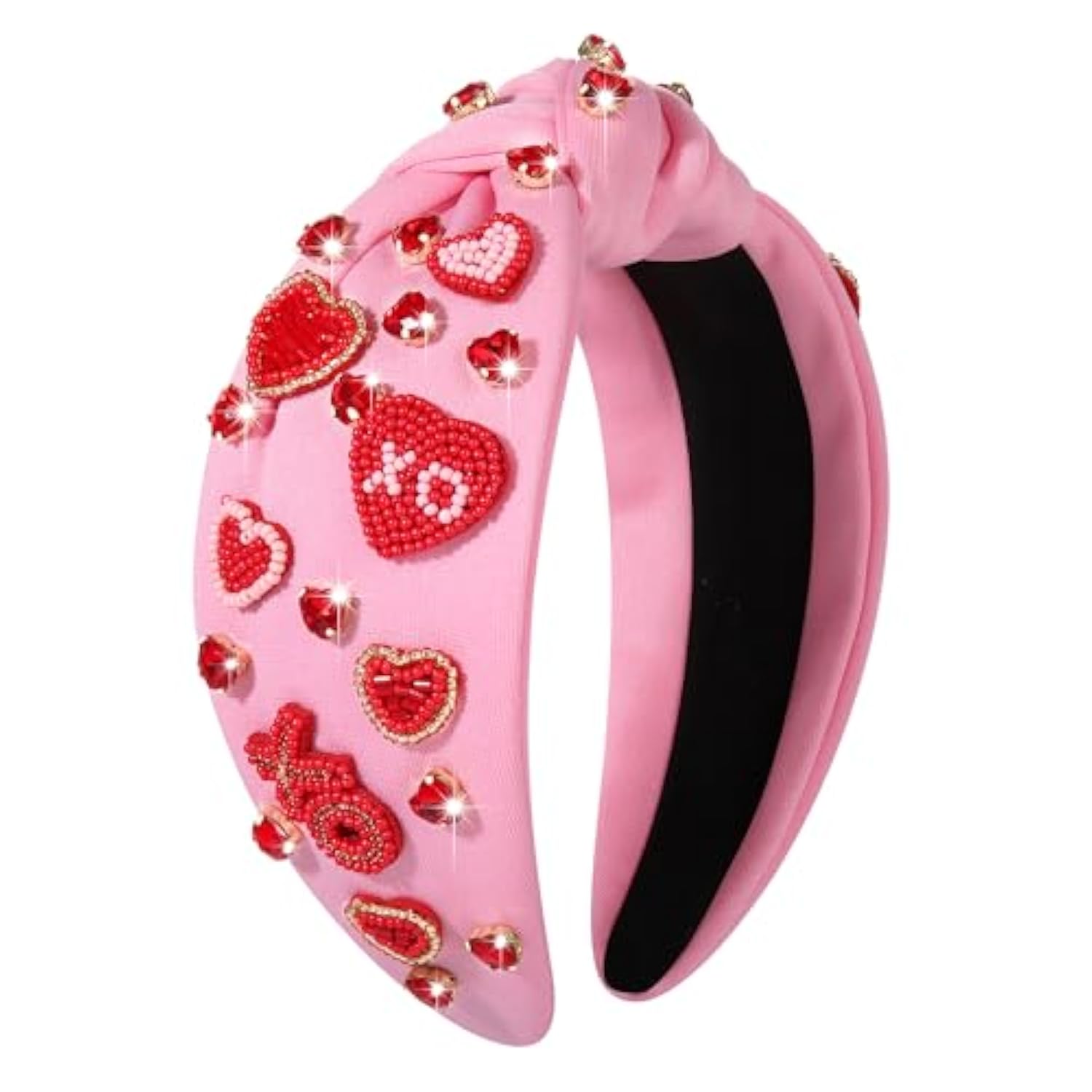 Hairband, Valentine'S Day Headband For Women With Love Heart And Crystal, Red, Pink, Wide Top Knot Headband, Hair Accessories Gifts