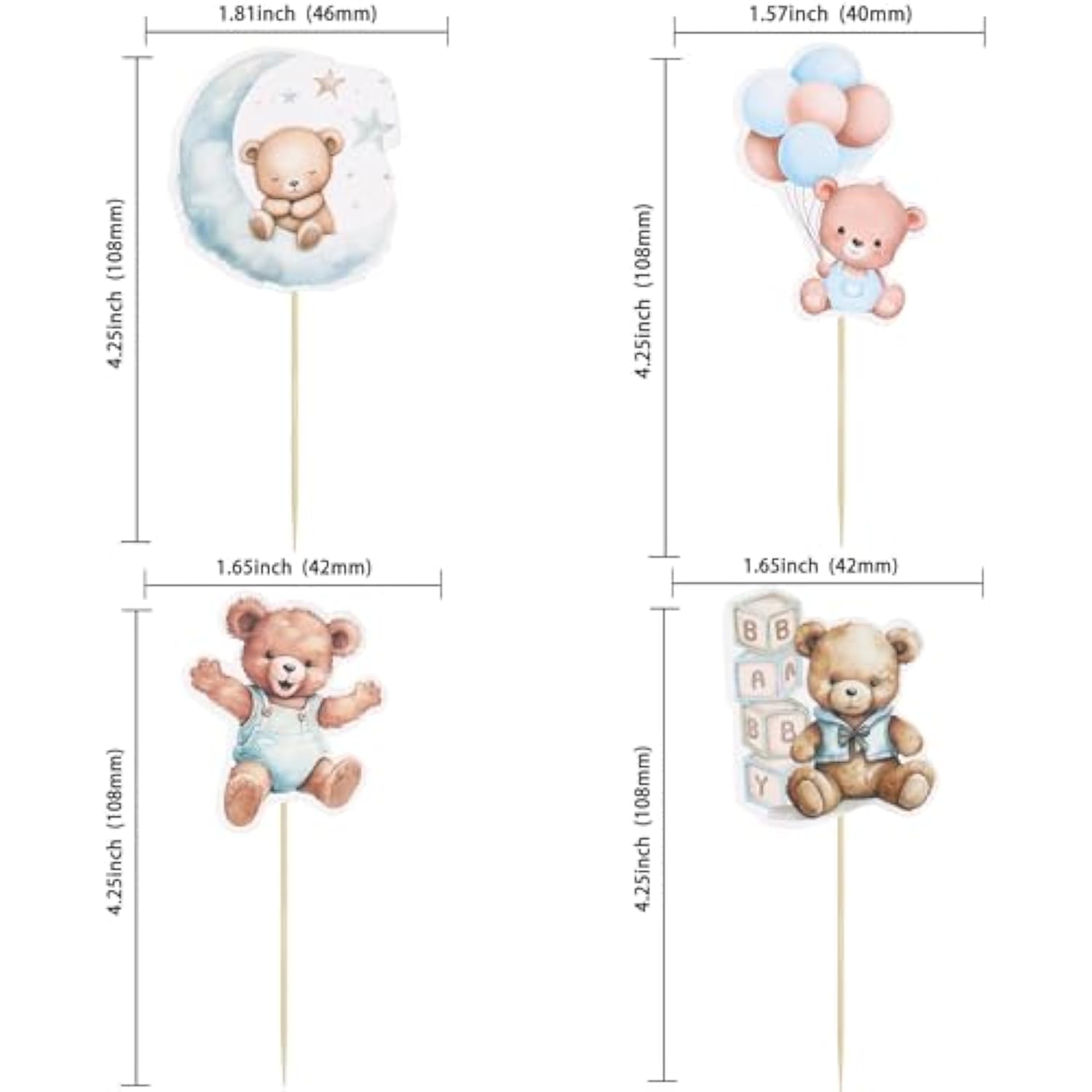 32Pcs Baby Shower Bear Cupcake Toppers Moon Baby Bear Baby Shower Cake Topper Decorations Jungle Animal Theme Birthday Party Cake Supplies Blue Pink