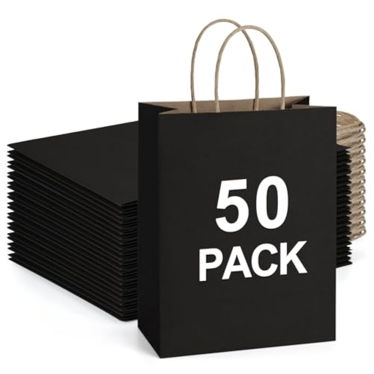 50Pcs Gift Bags 8X4.25X10.5 Inches Kraft Paper Gift Bags With Handles Bulk For Shopping, Wedding, Party Favor, Merchandise, Retail, Black Paper Sacks