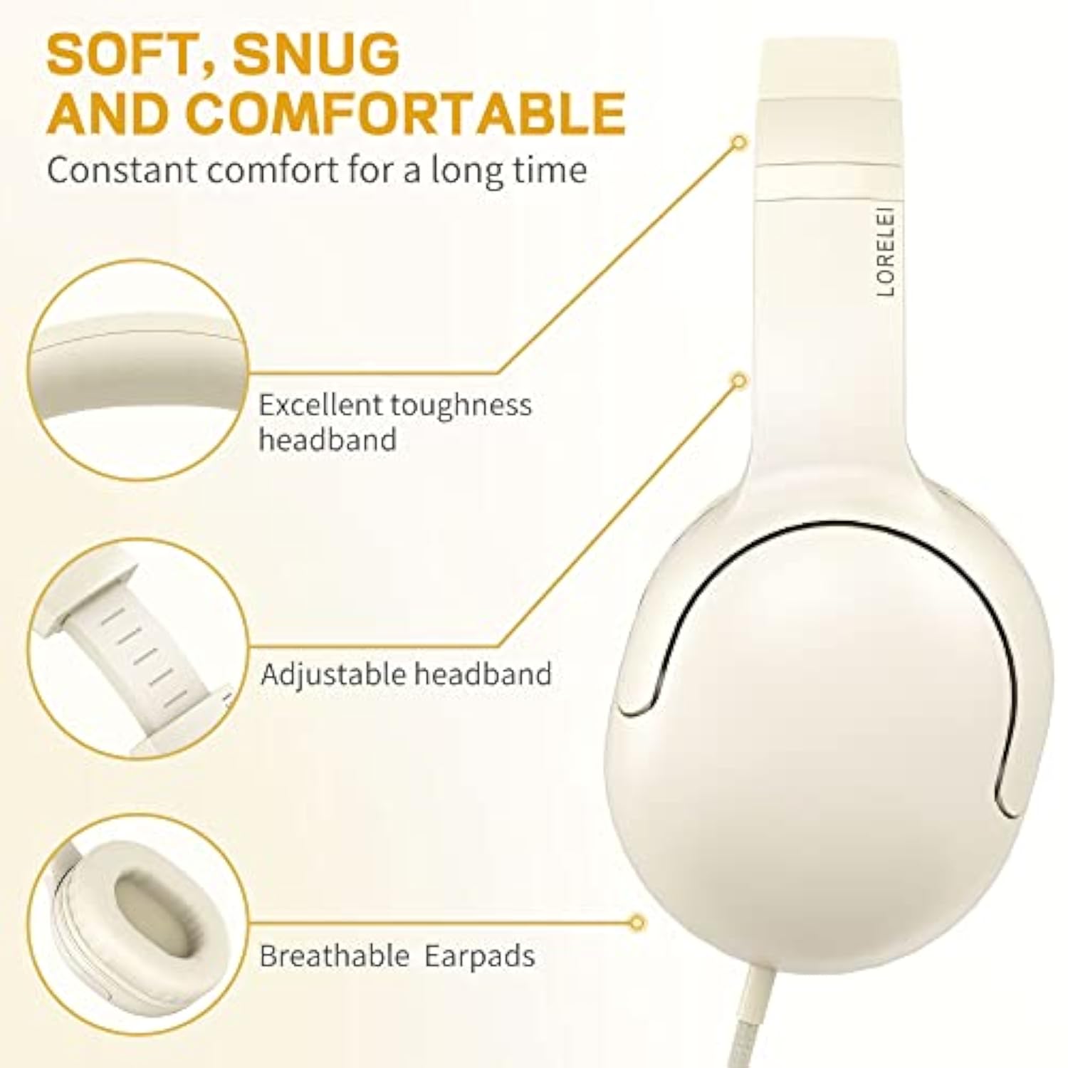 E5 Wired Headphones For Kids Foldable & 3.5Mm Jack Tangle Free Nylon Wire Stereo On Ear Headsets For Kids/Children/School/Tablet/Ipad/Kiddle/Plane (Beige White)