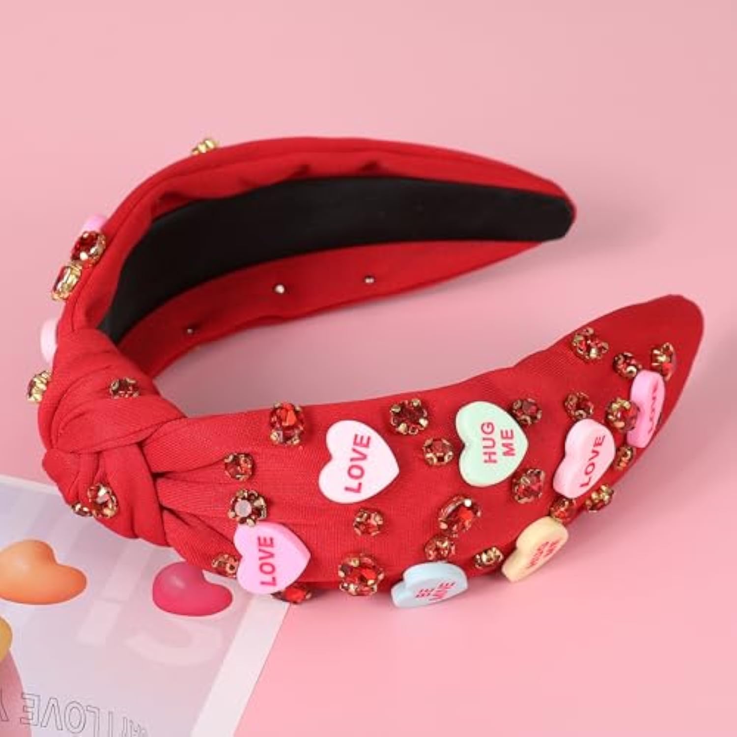 Valentine’S Day Headband For Women Candy Love Conversation Heart Headband Jeweled Beaded Heart Knotted Hairband Sparkly Red Pink Rhinestone Head Band Valentines Accessories Gifts