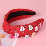 Valentine’S Day Headband For Women Candy Love Conversation Heart Headband Jeweled Beaded Heart Knotted Hairband Sparkly Red Pink Rhinestone Head Band Valentines Accessories Gifts