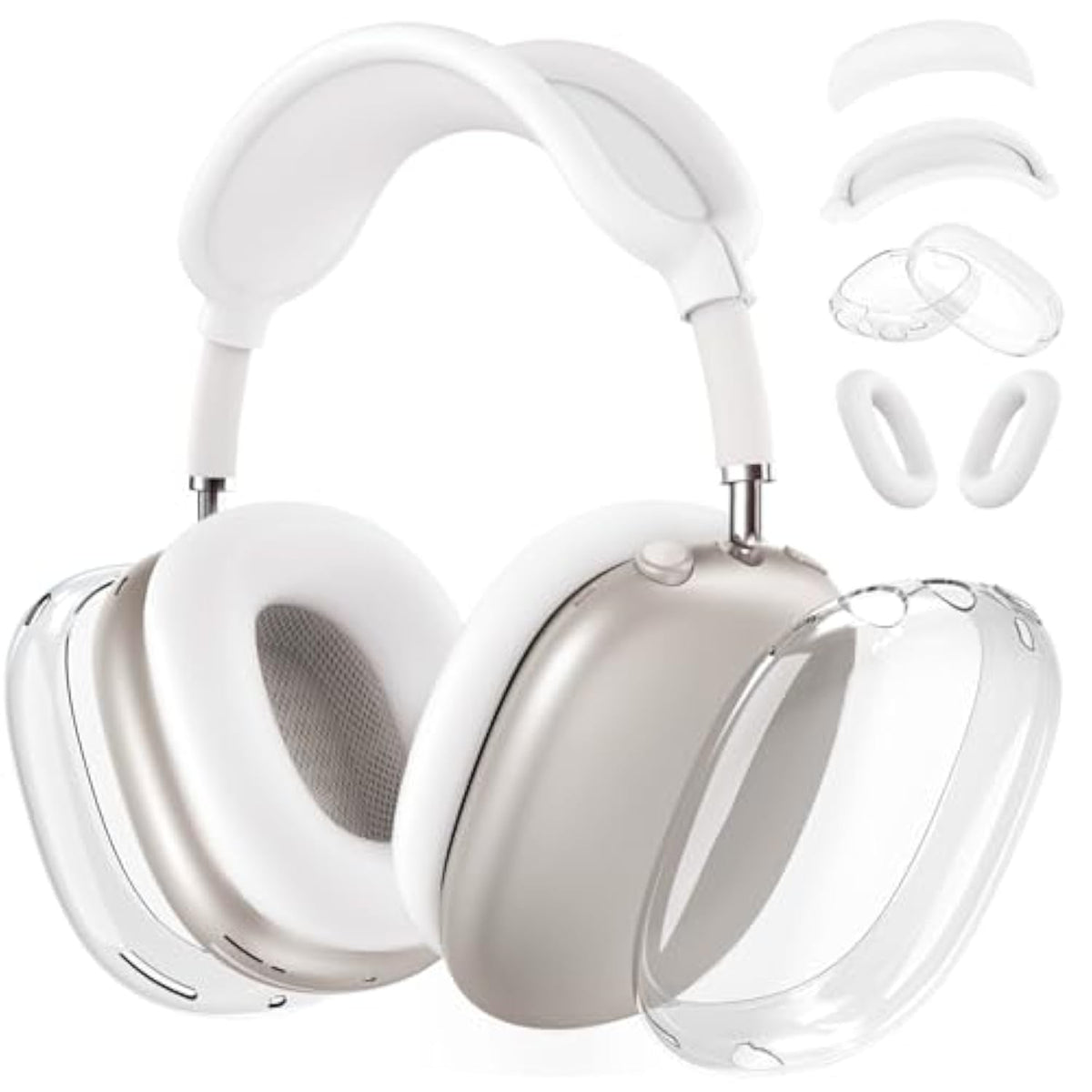 Silicone Case Cover For Airpods Max Headphones,Clear Soft Tpu Ear Cups Cover/Ear Pad Case Cover/Headband Cover Transparent Accessories For Apple Airpods Max (2024/2020)(Usb-C/Lightning),White [4 In 1]