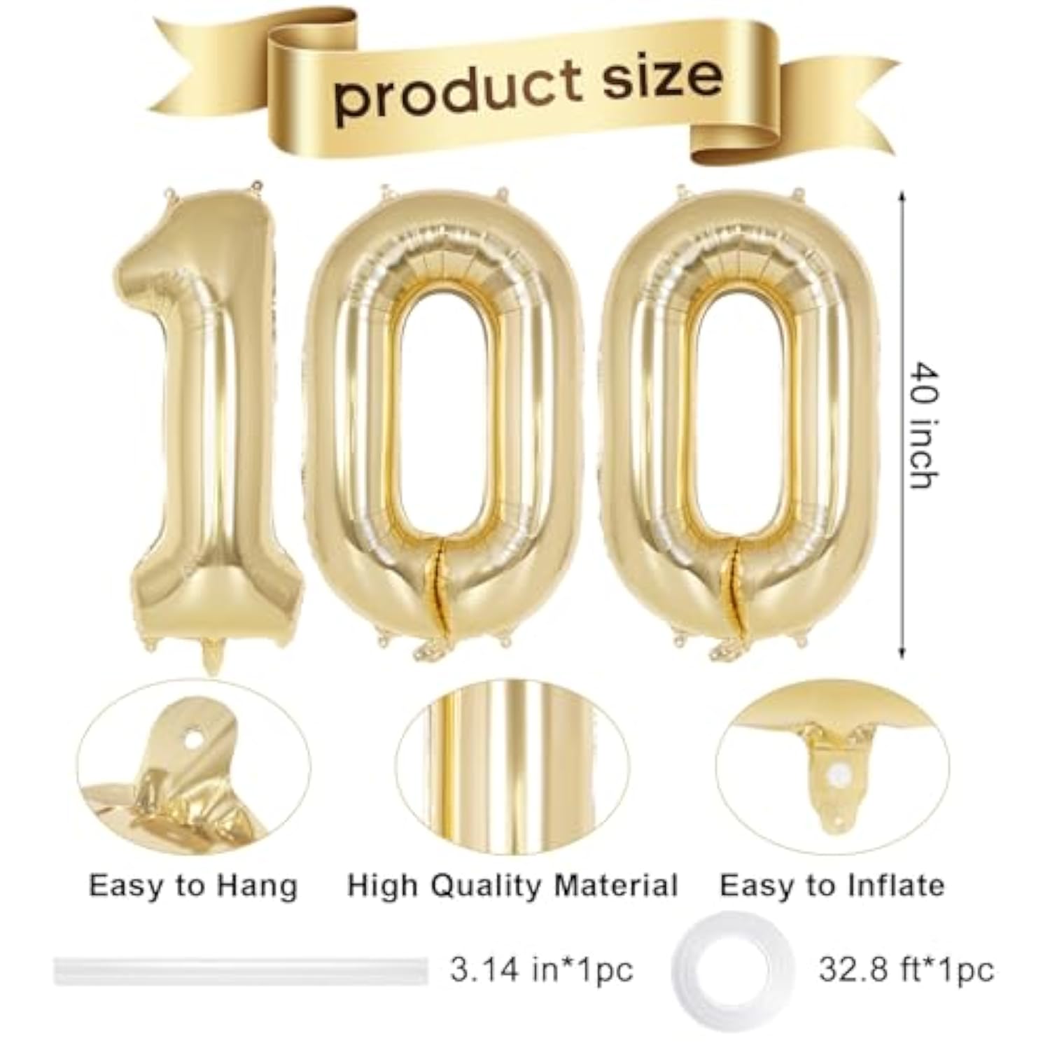 Champagne Gold Number 100 Balloon, 40 Inch Foil Number Balloons, 100Th Birthday Decorations, Giant Mylar Number 100 Balloons For 100 Years Old Birthday Party Anniversary Decorations (Champagne Gold)
