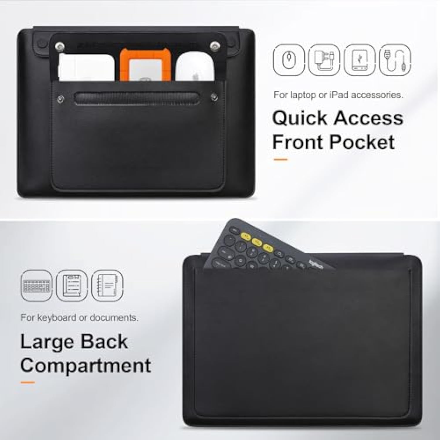 15.6 Inch Laptop Sleeve Case For Lenovo Acer Dell Asus Hp 15.6" Laptop, Lenovo Ideapad, Acer Aspire, Hp Pavilion, Dell Inspiron, Asus Vivobook, Leather Computer Sleeve With 3 Compartments, Black