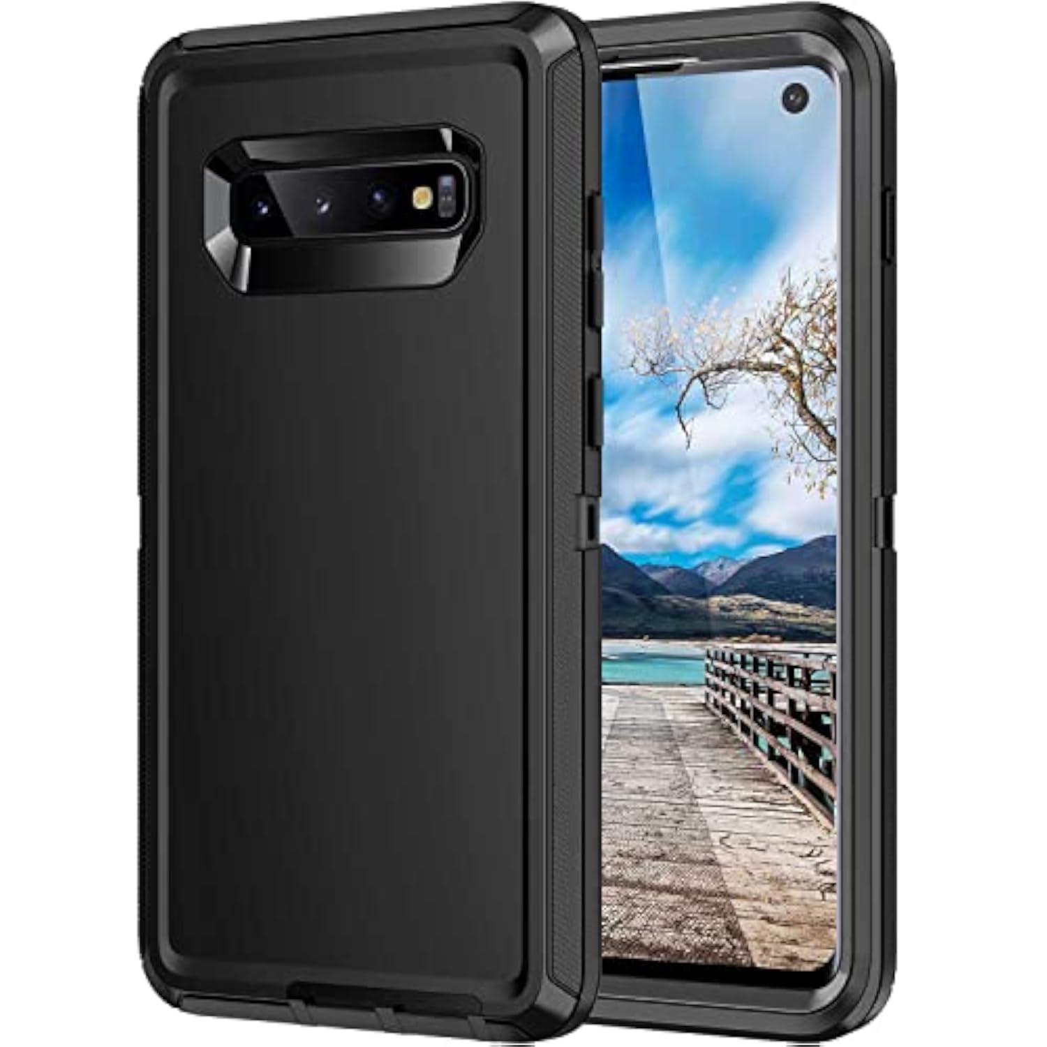 Heavy Duty Shockproof 3 Layers Full Body Protection Rugged Cover Case for Samsung Galaxy S10 Plus, Black