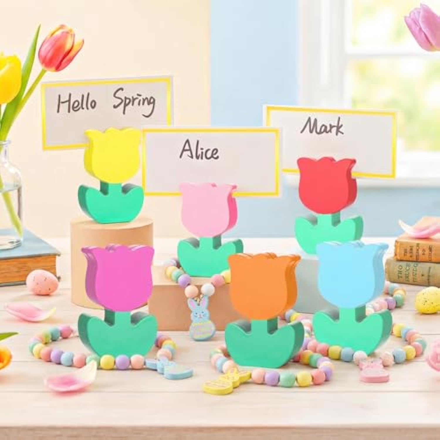 12 Sets Spring Wooden Tulips Flowers Ornament Place Card Holders With Name Cards Photo Holders Farmhouse Windowsill Decor For Home Easter Party Dining Rustic Shelf Mantel Tiered Tray Tabletop