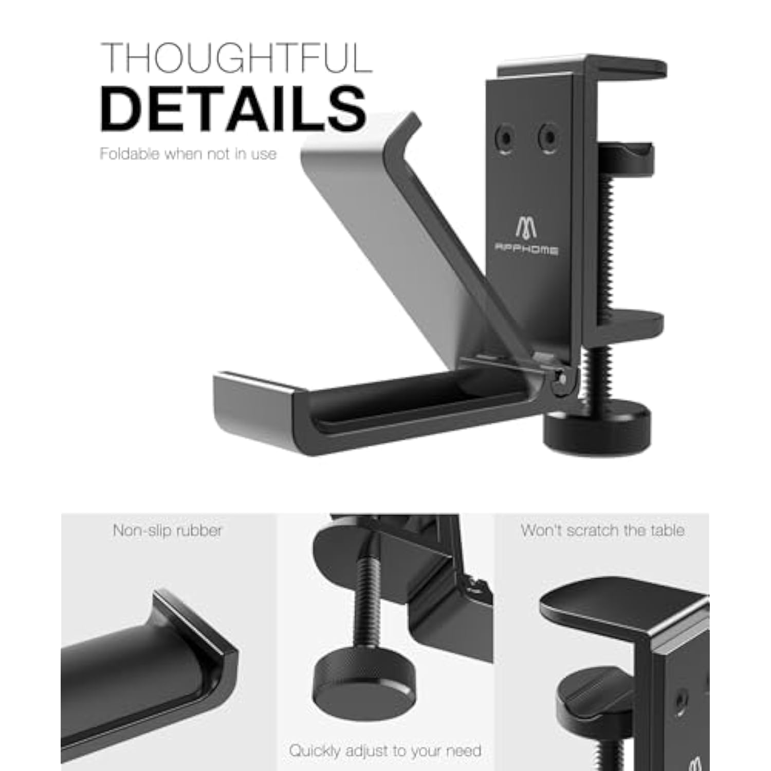 New Foldable Headphone Stand Hanger Holder Aluminum Headset Soundbar Stand Clamp Hook Under Desk Space Save Mount, Universal Fit Gaming Headphones, Black