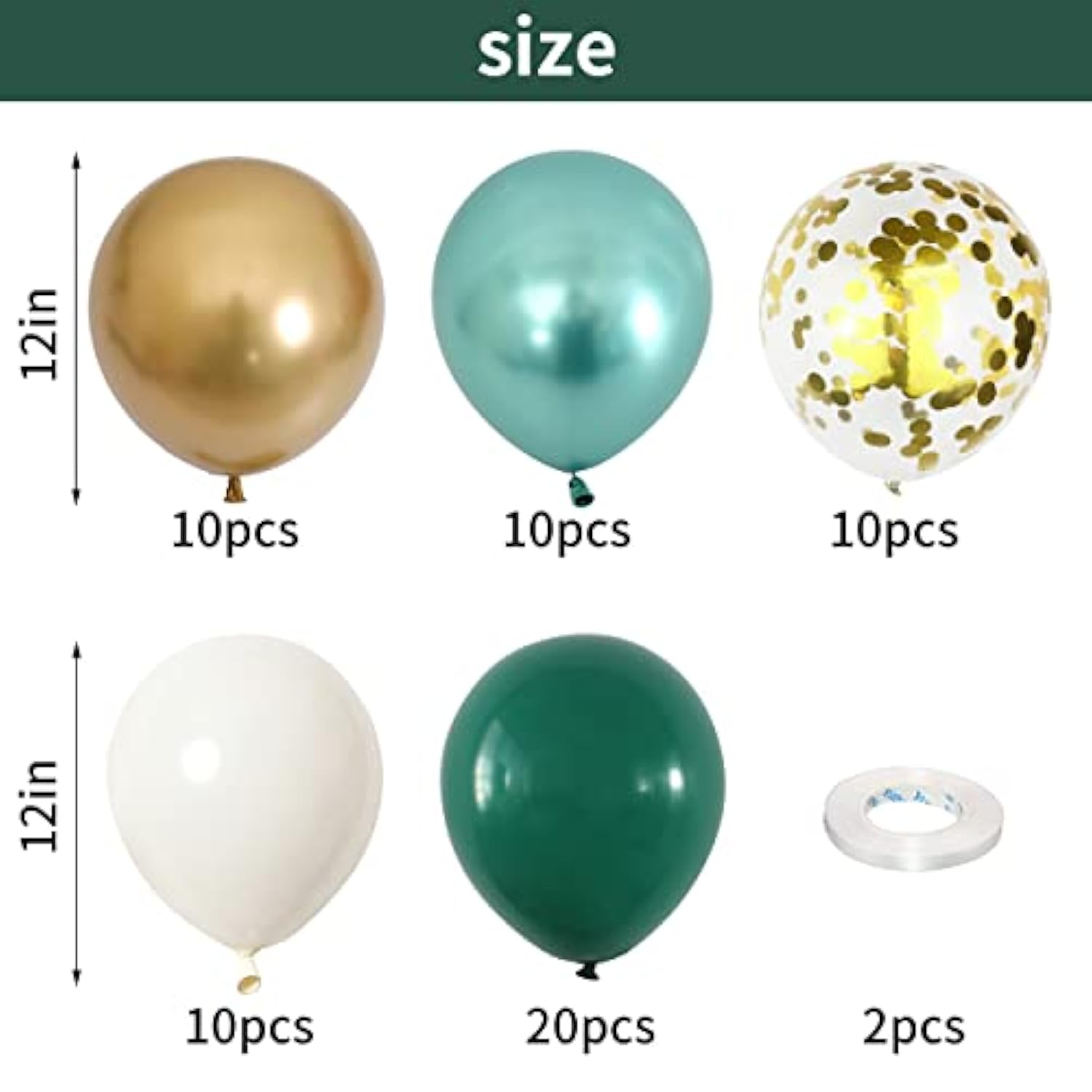 60pcs 12in Metallic Green Gold White Latex Balloons with Ribbons Party